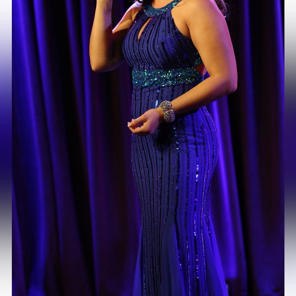 Stunning blue and green halter mermaid gown in sequin and beads